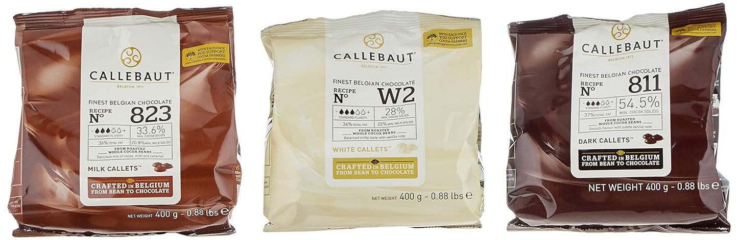 Callebaut 811,823,W2 Kuvertüre Callets im Set: Zartbitter-, Milch-, und weiße Schokolade - 3x400g