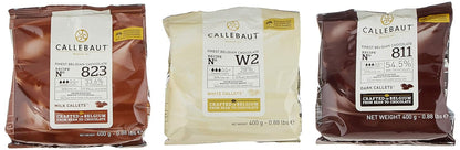 Callebaut 811,823,W2 Kuvertüre Callets im Set: Zartbitter-, Milch-, und weiße Schokolade - 3x400g