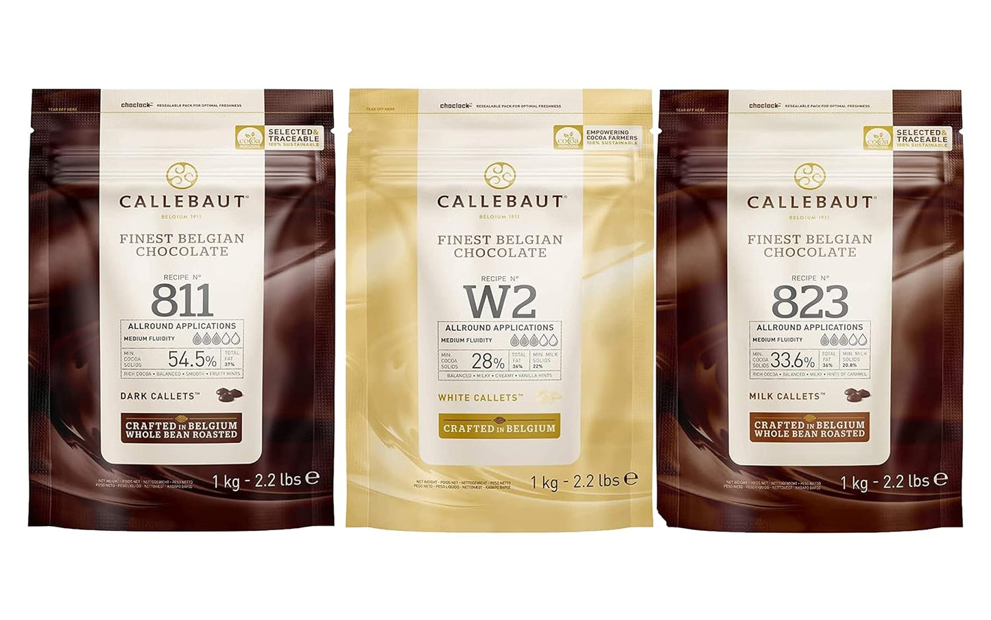 Callebaut 811,823,W2 Kuvertüre Callets Zartbitter-, Milch-, und weiße Schokolade - 3x1000g