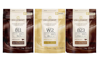 Callebaut 811,823,W2 Kuvertüre Callets Zartbitter-, Milch-, und weiße Schokolade - 3x1000g
