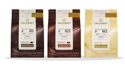 Callebaut 811,823,W2 Kuvertüre Callet Set: Zartbitter-, Milch-, und weiße Schokolade - 3x2500g