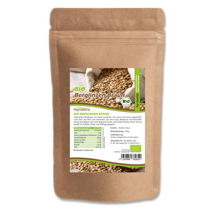 Braune Bio Berglinsen von Mynatura in Beutel, ideal zum Kochen, mit frischer, natürlicher Optik und hochwertiger Qualität.