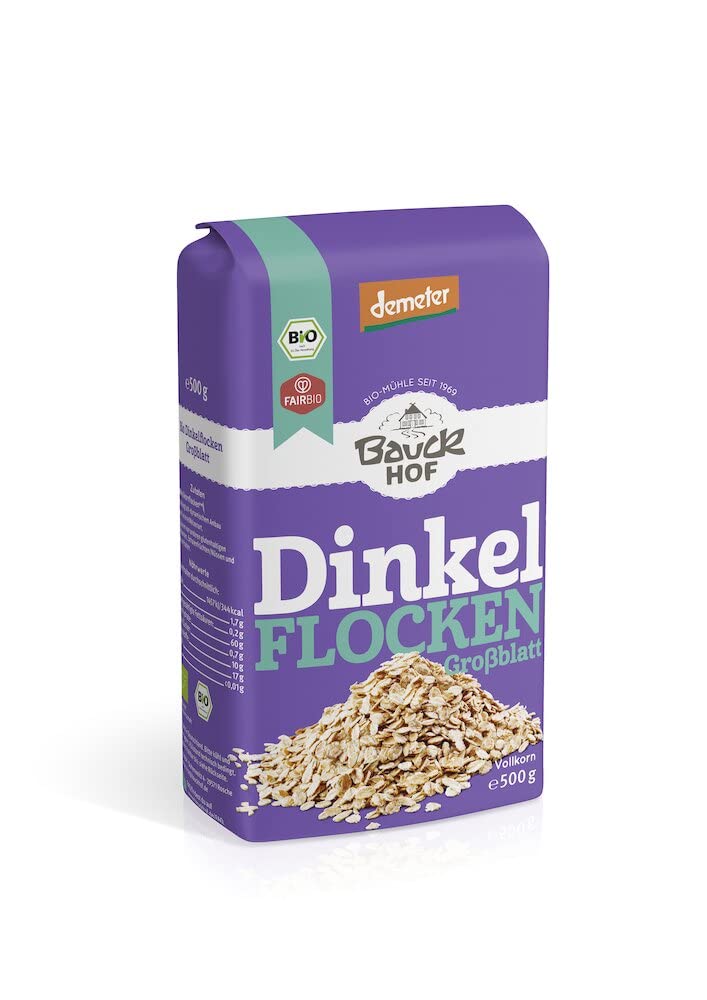 Bio Dinkelflocken von Bauckhof, Großblatt, Demeter, für gesundes Kochen, im 500g-Beutel sichtbar