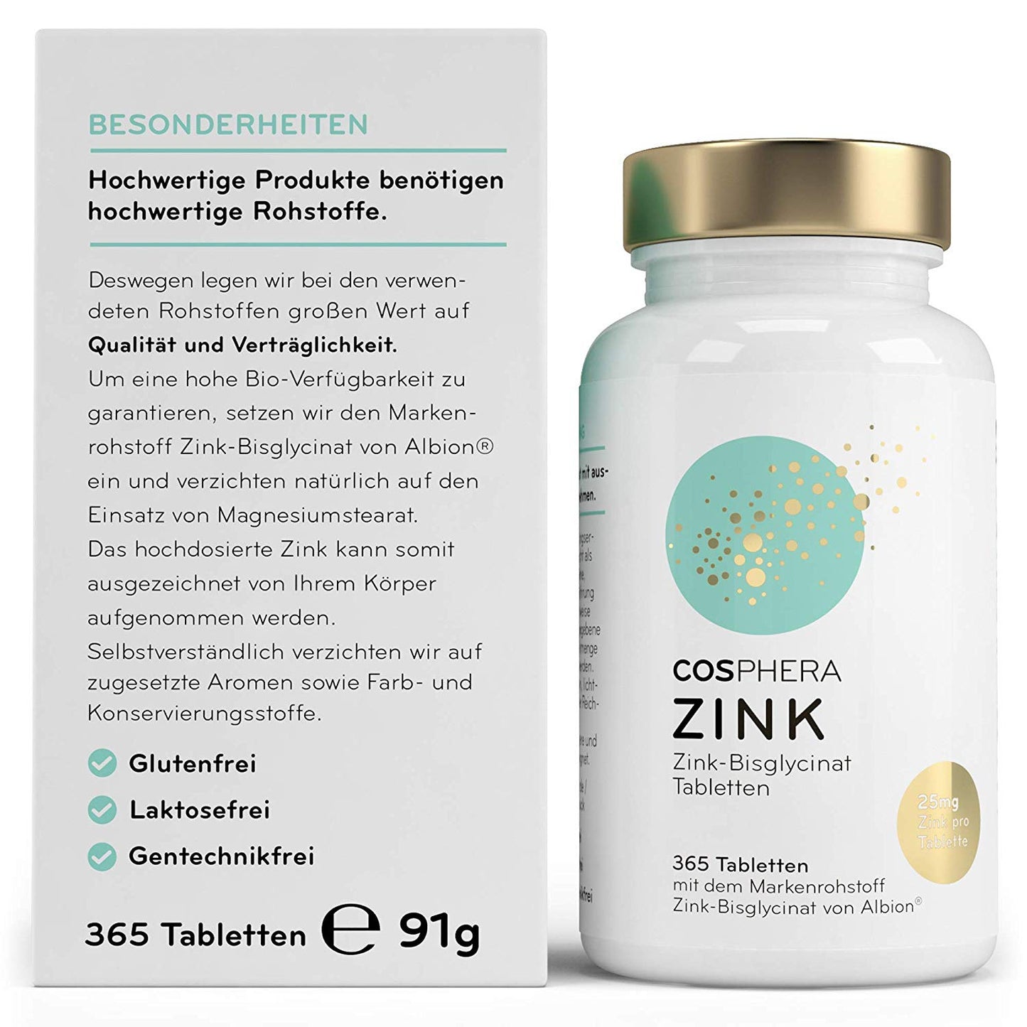 Cosphera - Zink Hochdosiert 25mg Zink-Bisglycinat - 365 vegane Tabletten