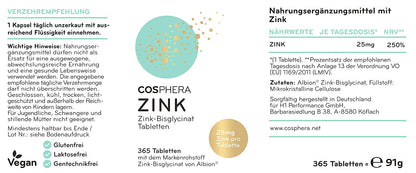 Cosphera - Zink Hochdosiert 25mg Zink-Bisglycinat - 365 vegane Tabletten