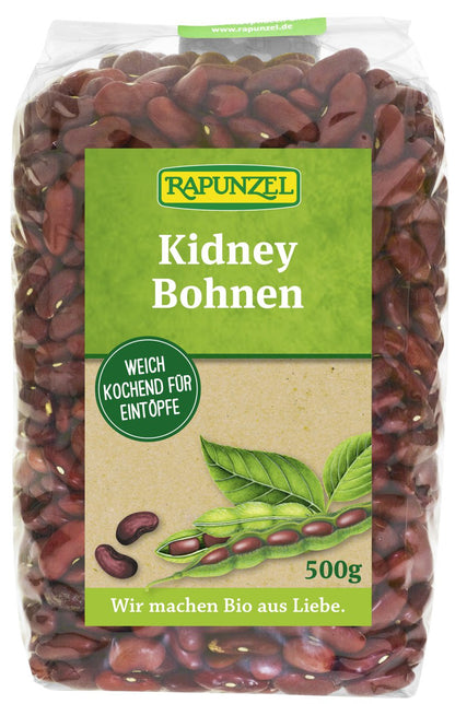 Rote Bio Kidney Bohnen von Rapunzel in einer Schüssel, ideal zum Kochen, 500g Packung, frische und hochwertige Hülsenfrüchte