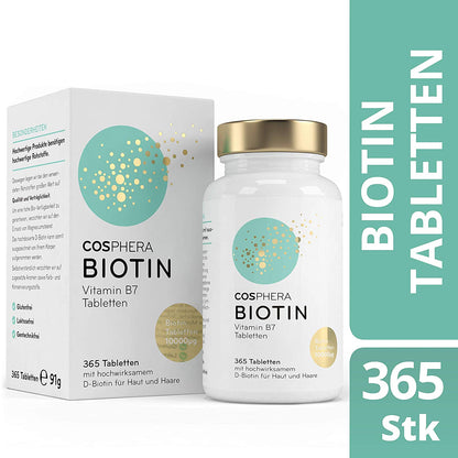 cosphera biotin hochdosiert tabletten mit Verpackung und Dose, seitlich stehend, 365 vegane tabletten für haare und hautpflege