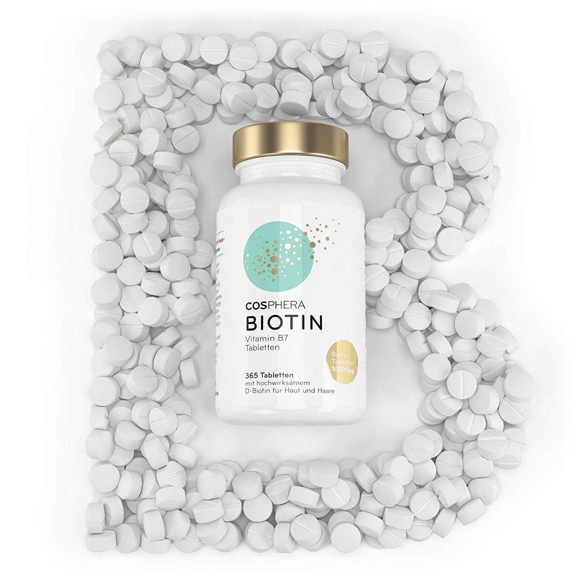 dose cosphera biotin tabletten von oben, umgeben von vielen weißen tabletten in B-Form angeordnet