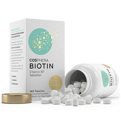 cosphera biotin hochdosiert tabletten dose liegt offen, tabletten vor dose und verpackung, deckel daneben