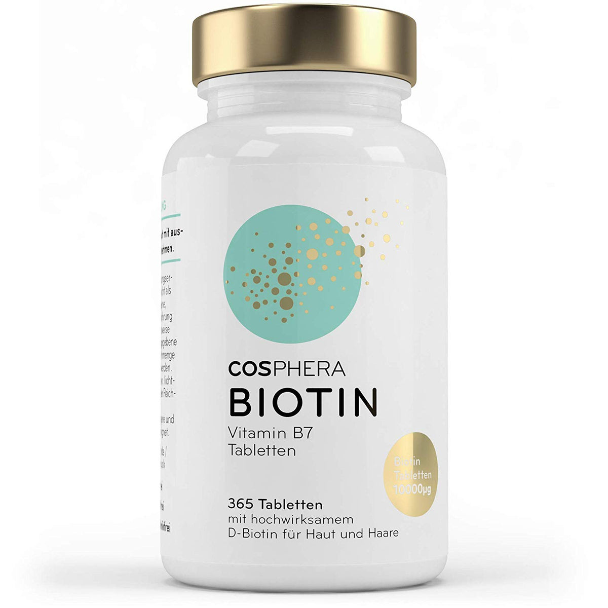 nahaufnahme einer cosphera biotin hochdosiert dose, etikett mit 365 vegane tabletten für haare und haut
