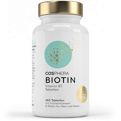 nahaufnahme einer cosphera biotin hochdosiert dose, etikett mit 365 vegane tabletten für haare und haut