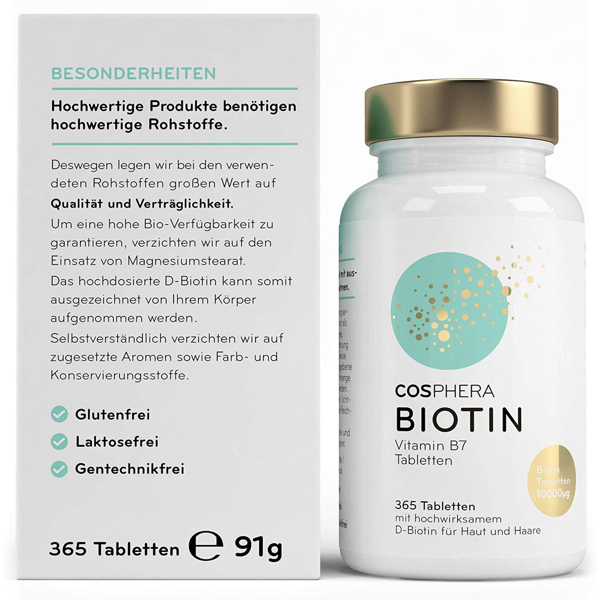 cosphera biotin tabletten dose neben verpackung, text zu glutenfrei, laktosefrei und gentechnikfrei sichtbar