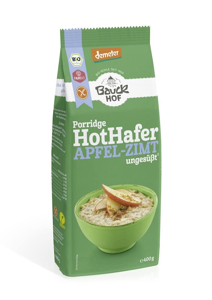 Bio Hot Hafer Apfel-Zimt von Bauckhof, glutenfreies Frühstück mit Apfel und Zimt, in 400g Packung, Demeter-Qualität