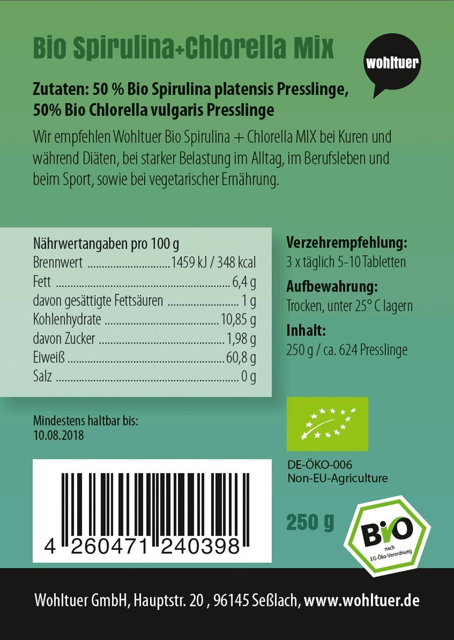 Wohltuer Spirulina + Chlorella Bio Algen Mix Tabletten - 250g