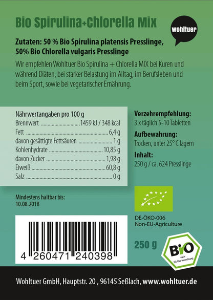Wohltuer Spirulina + Chlorella Bio Algen Mix Tabletten - 250g