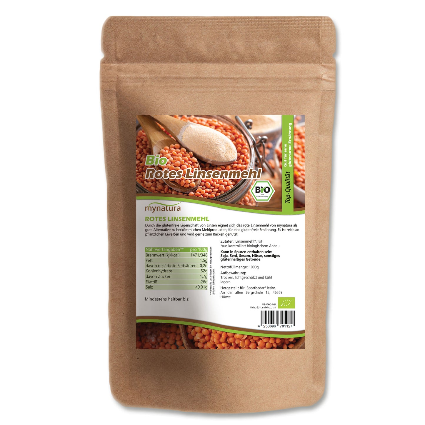 Mynatura Rotes Linsenmehl Bio – Glutenfreies pflanzliches Mehl (1kg)