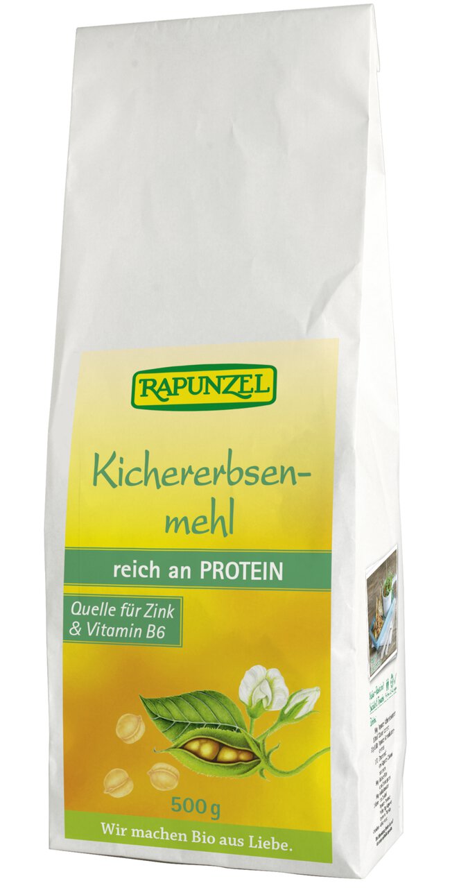Geröstetes Bio Kichererbsenmehl von Rapunzel, 500g, feines Mehl für das Kochen in der Küche, Nahaufnahme der Verpackung