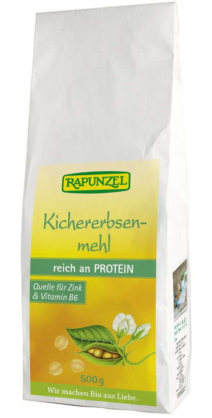 Geröstetes Bio Kichererbsenmehl von Rapunzel, 500g, feines Mehl für das Kochen in der Küche, Nahaufnahme der Verpackung