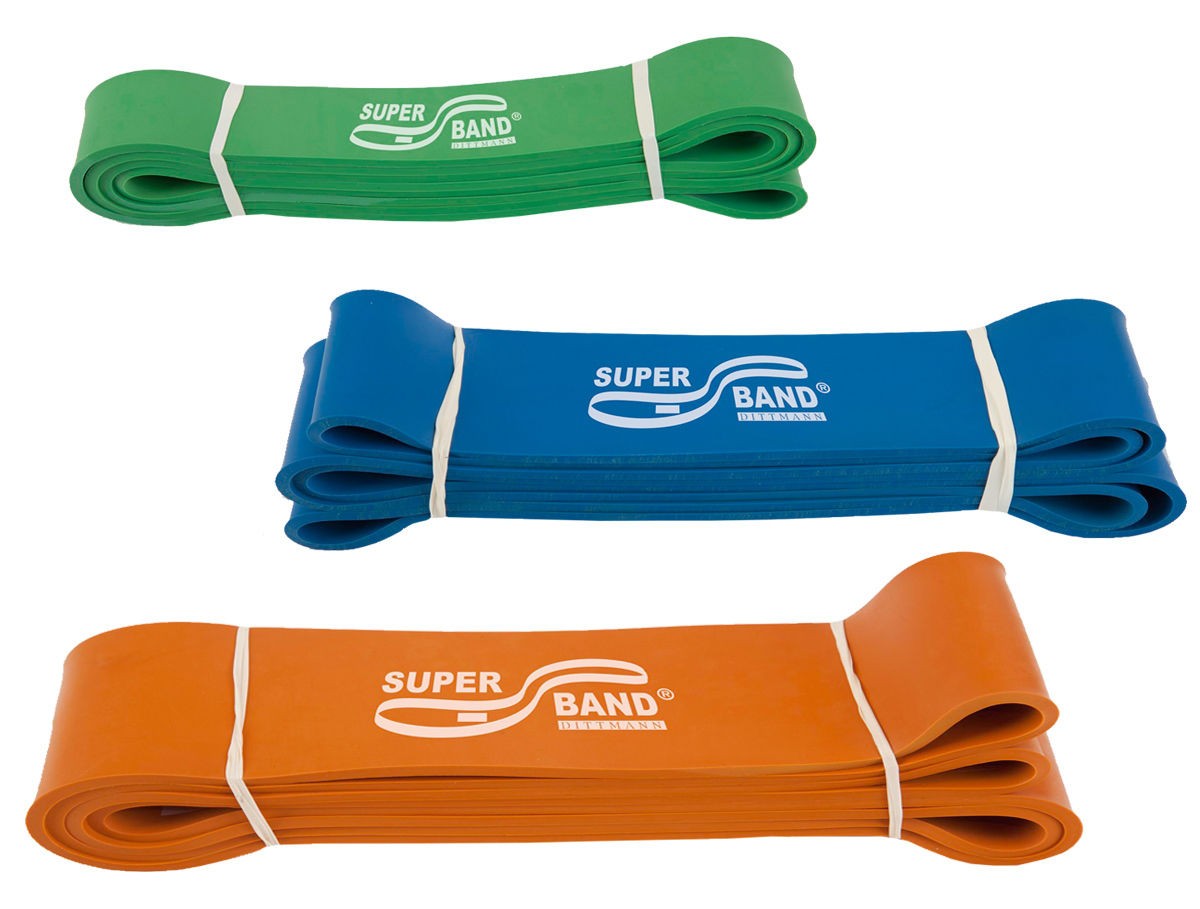 Dittmann Gymnastikband SUPERBAND - 3er Kombi - Grün, Blau, Orange