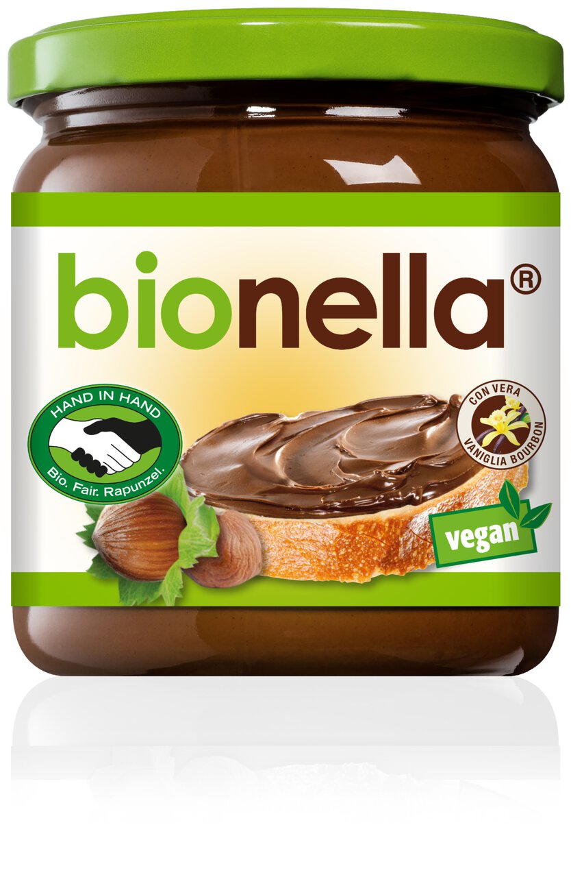 Veganer Rapunzel Bionella Nussnougat-Creme in 400g Glas, cremige Nuss-Nougat-Butter mit Nüssen und Kakao, zum Kochen und Backen