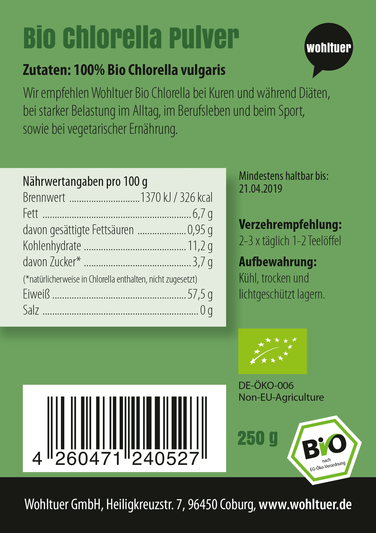 Wohltuer Bio Chlorella Algen Pulver - 250g