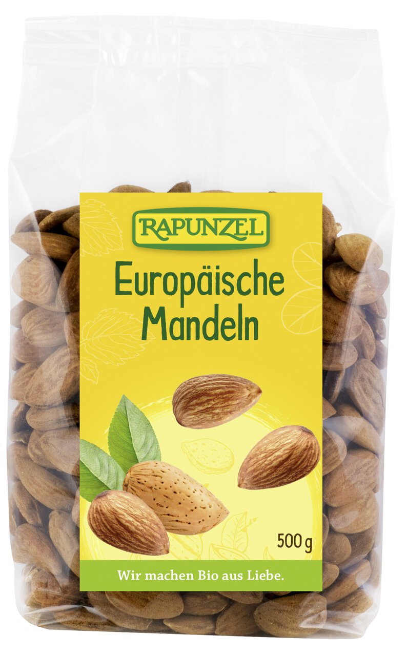 Bio Mandeln von Rapunzel, europäische Mandeln in einer Schale, ideal zum Kochen, 500g Packung sichtbar