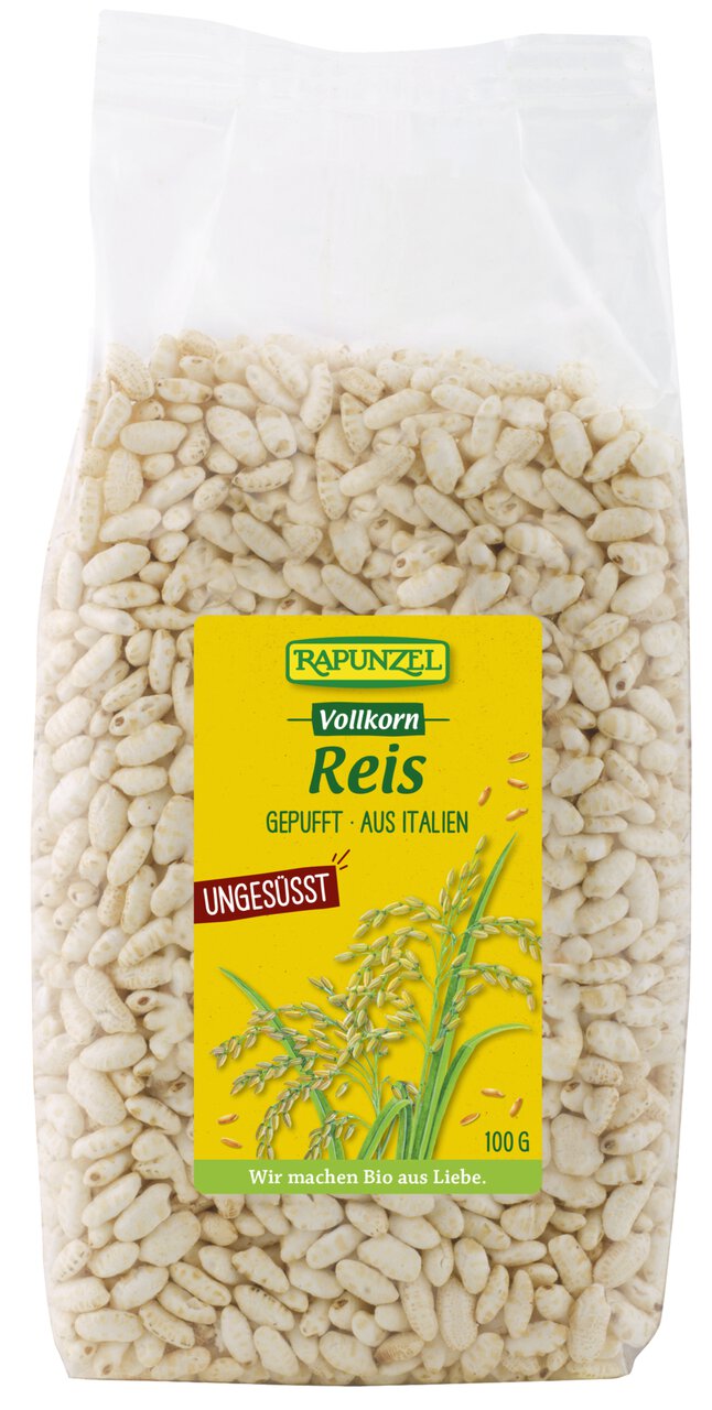 Bio Vollkorn-Reis von Rapunzel, gepufft, für Kochen, sichtbar in der Verpackung auf weißem Hintergrund
