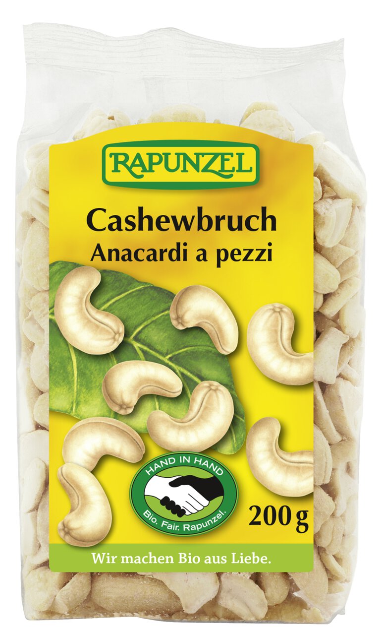 Bio Cashewbruch von Rapunzel in 500g-Verpackung, ungebraten und naturbelassen, ideal zum Kochen und Backen.