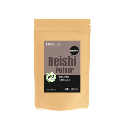 Frontansicht des wohltuer Reishi Pulver Standbeutels 200g mit mineralstoffreiche Produktkennzeichnung auf weißem Hintergrund.