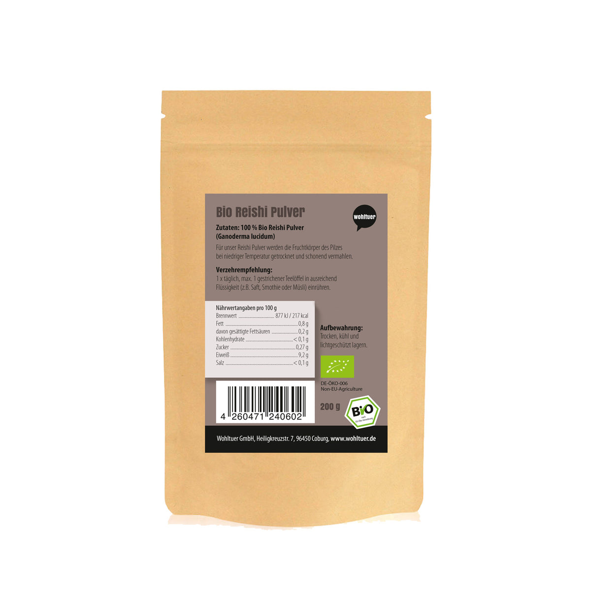 Rückseite vom wohltuer Reishi Pulver 200g mit Zutatenliste, Nährwerttabelle und Barcode, mineralien und Lagerhinweise sichtbar.