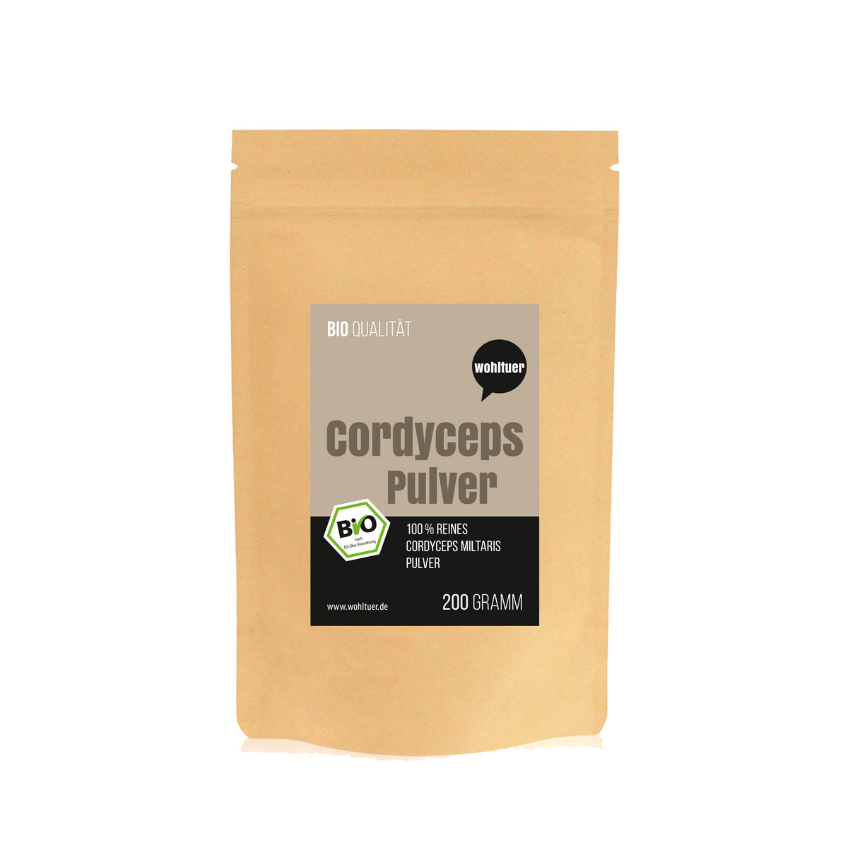 Standbeutel wohltuer cordyceps pulver 200g frontal vor weißem Hintergrund, ohne weitere Gegenstände.