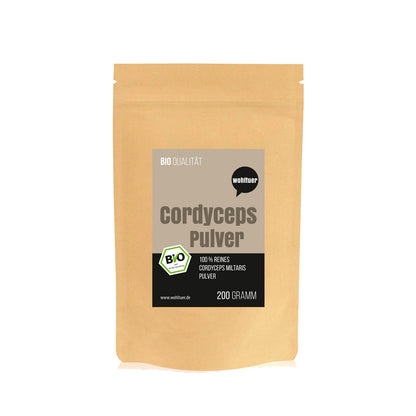 Standbeutel wohltuer cordyceps pulver 200g frontal vor weißem Hintergrund, ohne weitere Gegenstände.