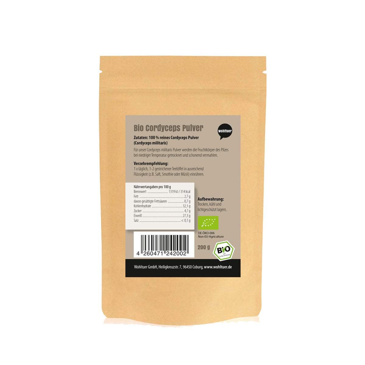 Rückseite vom wohltuer cordyceps pulver 200g mit Zutaten, Nährwertangaben und Aufbewahrungshinweisen, Barcode sichtbar.