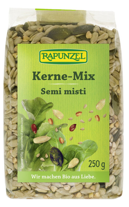 Bio Kerne-Mix von Rapunzel, 250g, zum Kochen, zeigt eine Schüssel mit gemischten, rohen Saaten und Nüssen.