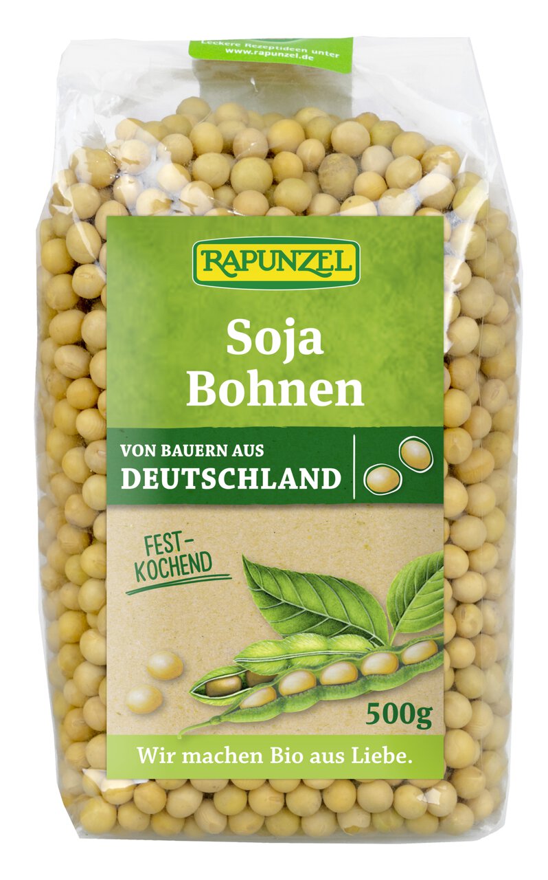 Bio Sojabohnen von Rapunzel in 500g-Packung, ideal zum Kochen, sichtbar in der Verpackung.