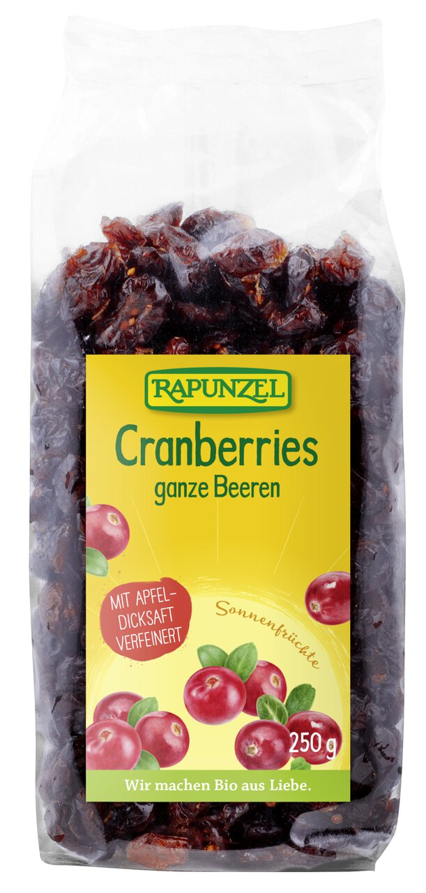 Getrocknete Bio-Cranberries von Rapunzel, natürliche Früchte, ideal für Snacks und Müsli, ab 250g Packung.