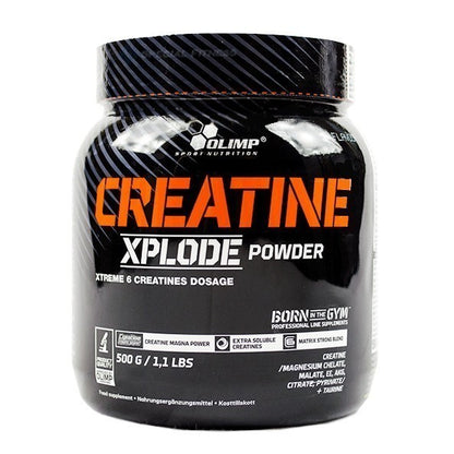 Olimp Creatine Xplode Pulver in einer großen Dose, weißes Pulver für Muskelaufbau und Leistungssteigerung, Nahaufnahme.