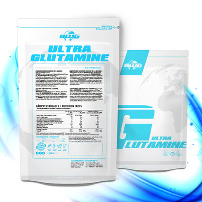 BWG Ultra L-Glutamin mit Vitamin B6 Beutel, sichtbar in der Verpackung, ideal für Muskelregeneration und Vitalstoffversorgung