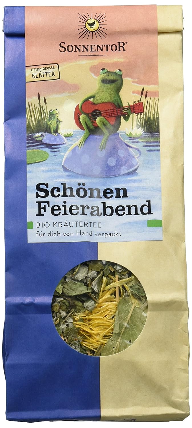 Lose Kräutertee "Schönen Feierabend" von Sonnentor, aromatische Teeblätter in einer transparenten Tüte, entspannender Kräutermix