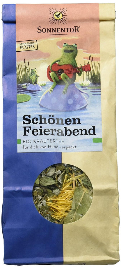 Lose Kräutertee "Schönen Feierabend" von Sonnentor, aromatische Teeblätter in einer transparenten Tüte, entspannender Kräutermix