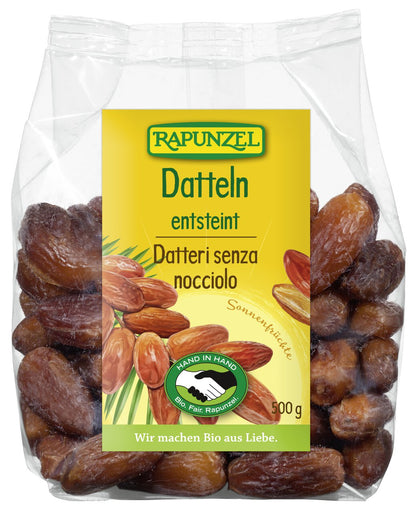 Rapunzel Bio Datteln ohne Stein Deglet Nour, offen und getrocknet, in einer transparenten Verpackung, Nahaufnahme