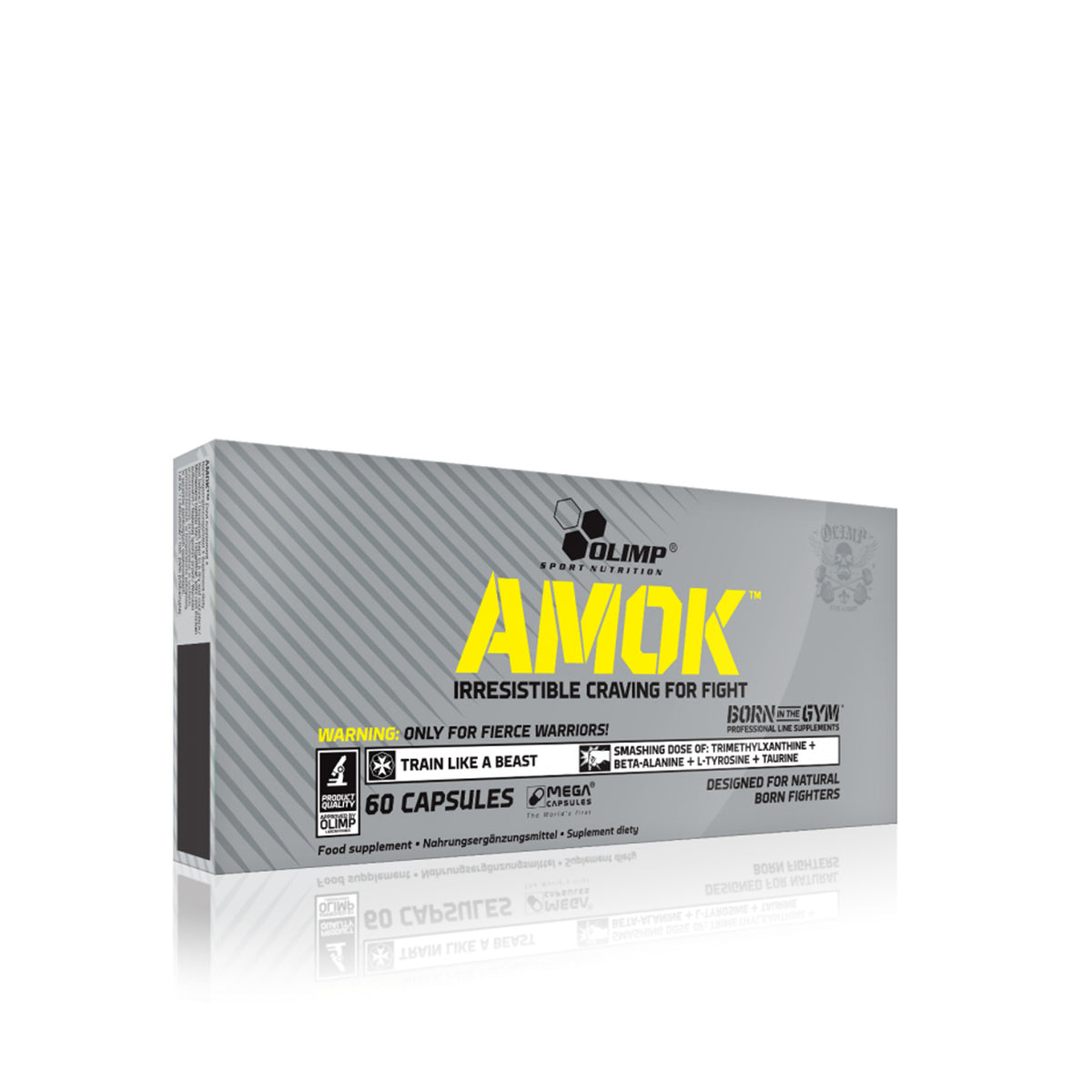 Olimp Amok Trainings-Booster und Energy in 60 Kapseln, Dose mit weißen Kapseln und schwarzem Deckel, Nahaufnahme