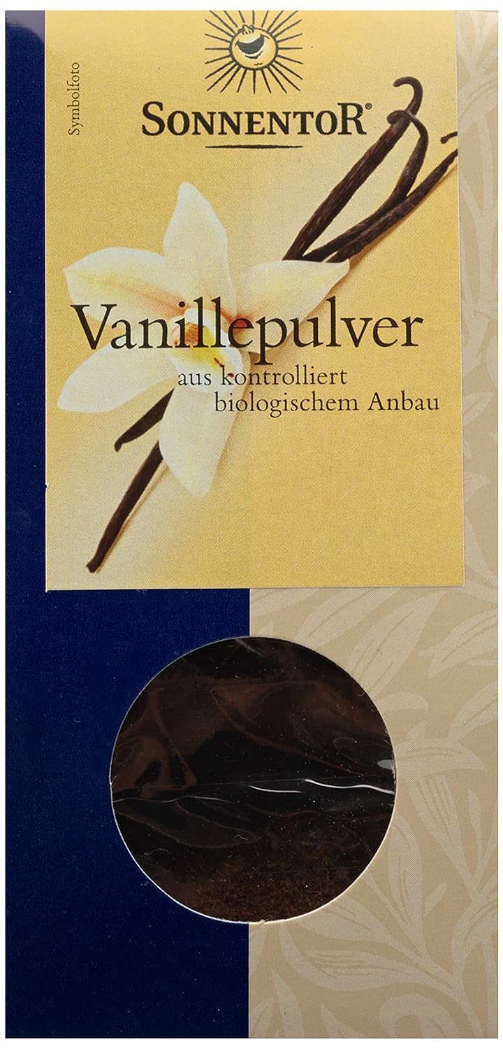 Bio Vanillepulver von Sonnentor in einer Gewürzdose, zum Kochen geeignet, mit Vanilleschoten und Pulver sichtbar.