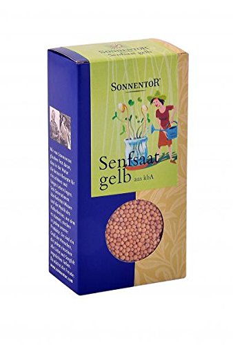 Bio Senfsamen von Sonnentor, gelbe Senfsaat in einem Glas, für Kochen, ab 120g sichtbar in der Verpackung