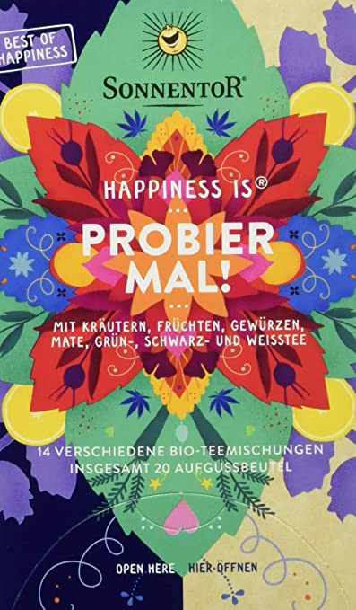 Bio Tee Probier mal! Sonnentor, 32g, frischer Kräutertee in einer offenen Packung mit Teeblättern und Kräutern.