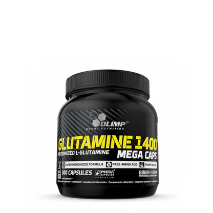 Olimp Glutamine Mega Caps BCAA + L-Glutamin, 300 Kapseln, Nahaufnahme der schwarzen Kapseln in einer Verpackung
