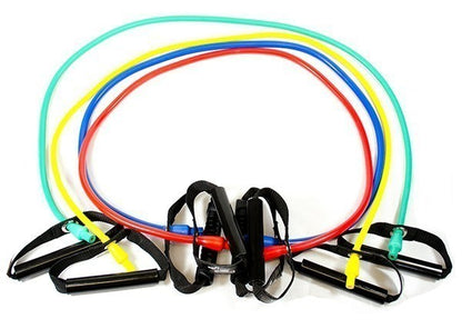 Dittmann BodyTube Gymnastikband mit Plastikgriffen in verschiedenen Stärken für Fitness-Übungen, auf weißem Hintergrund.