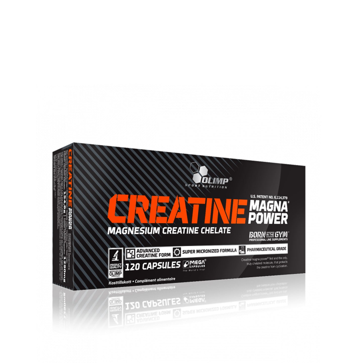 Olimp Creatine Mega Caps, 120 Kapseln, Nahaufnahme der schwarzen Kapseln in einer Packung.
