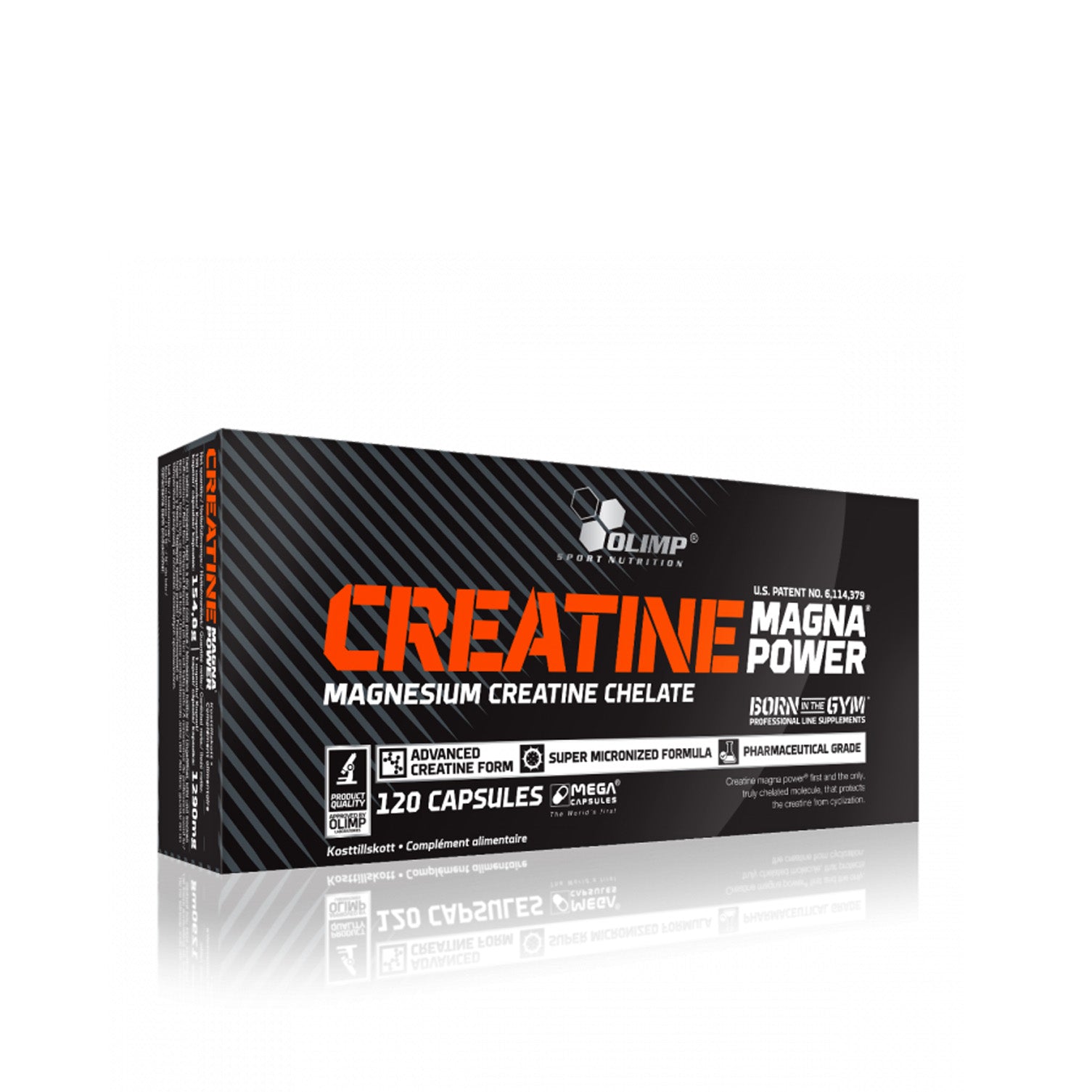 Olimp Creatine Mega Caps, 120 Kapseln, Nahaufnahme der schwarzen Kapseln in einer Packung.