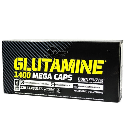 Olimp Glutamine Mega Caps, 120 Kapseln, BCAA und L-Glutamin, Nahaufnahme der Kapseln in einer offenen Packung